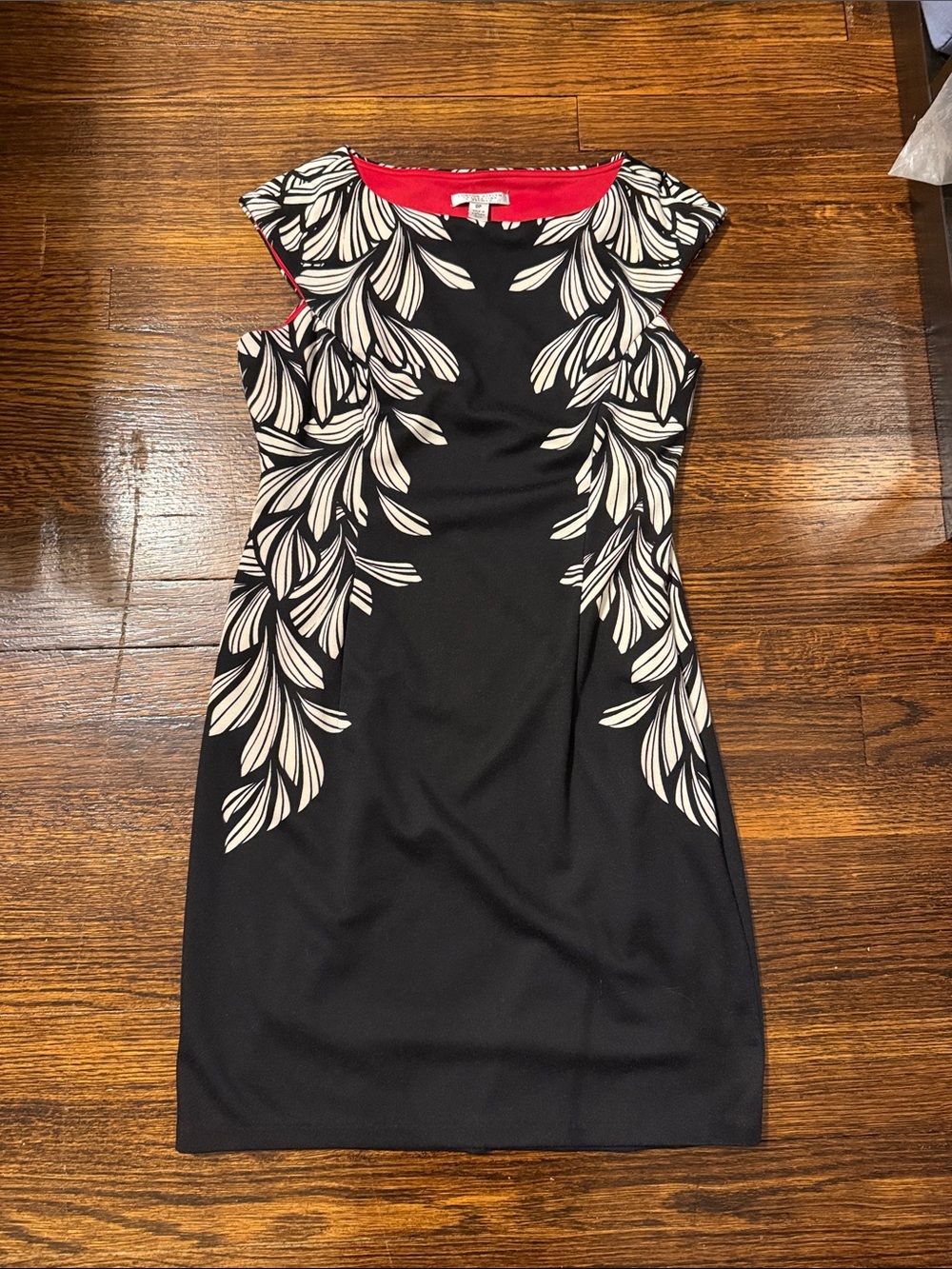 London Style Black Mini Dress with Cream Leaf Motif and Red Trim